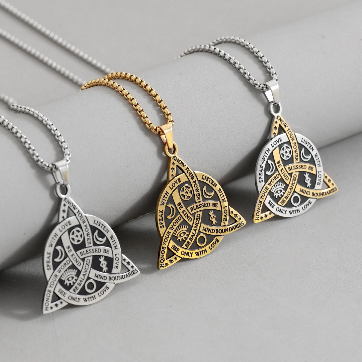 Steel and titanium Triple Goddess Triquetra Necklace Celtic Knot Irish Christian Trinity Knot Pendant