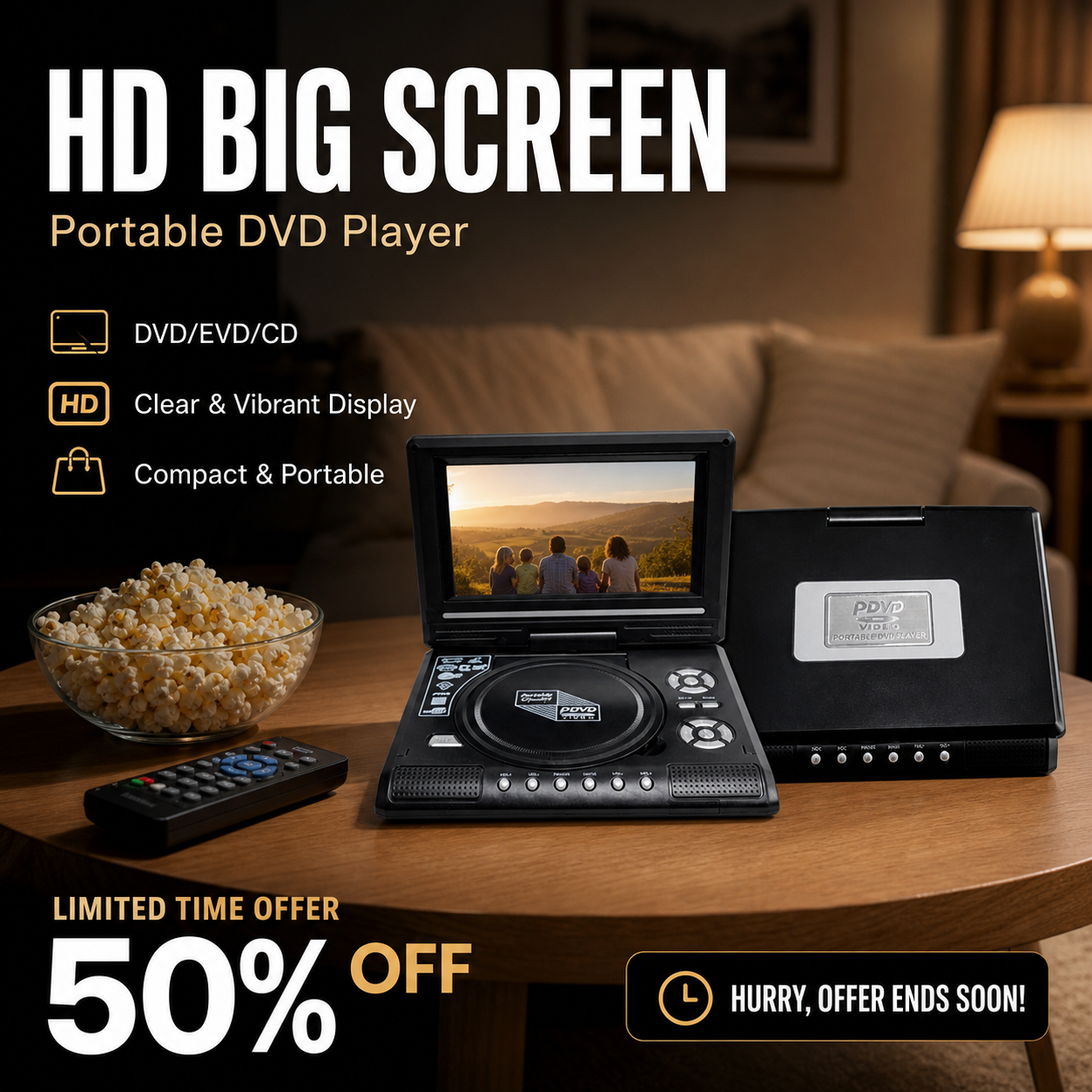 πΊ 7.8" HD Portable DVD/EVD Player β Large Screen, Rechargeable & Compatible with DVD/CD/USB/SD β Perfect for Home & Travel π₯ 50% OFF