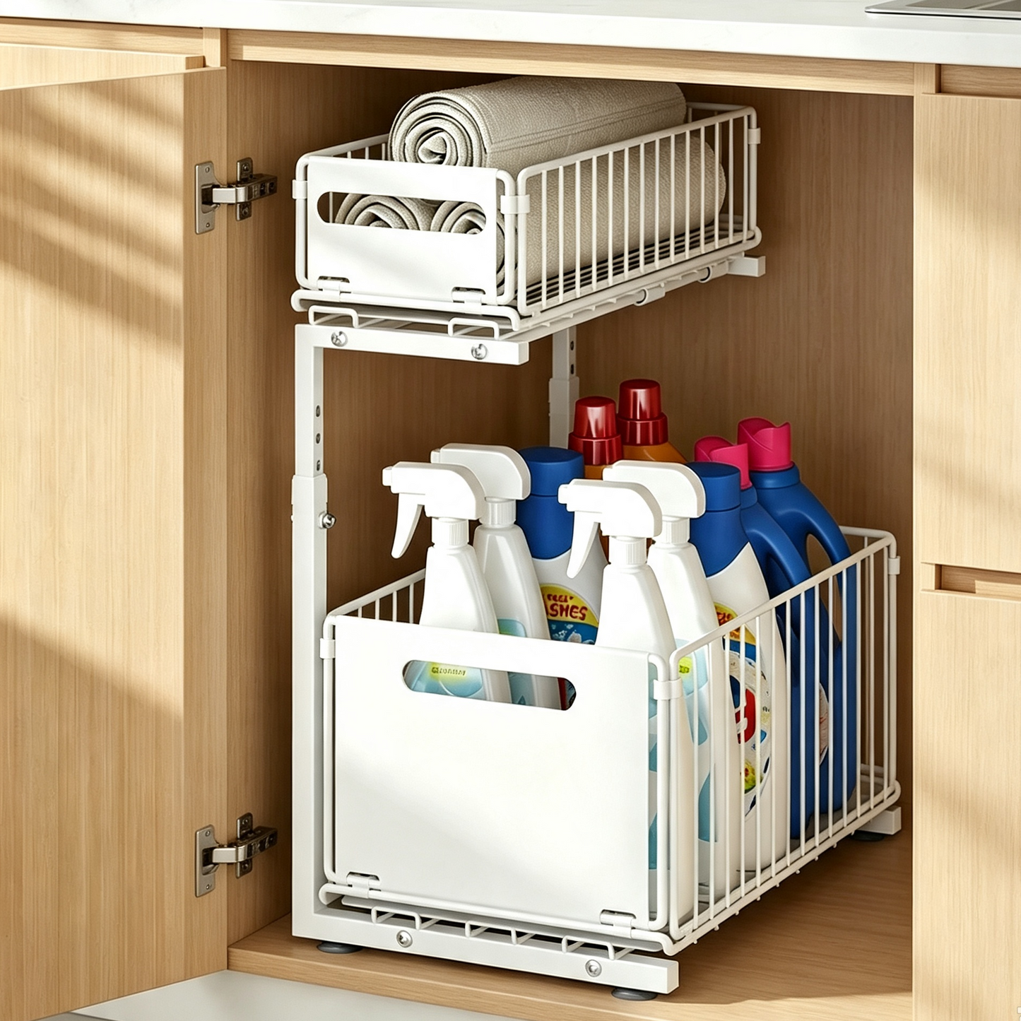 🎉 2026 Sale — Over 31,000 Sold! 🗄️ Carbon Steel Double-Tier Pull Out Cabinet Organizer – Independent Slides, 5 Height Levels – Heavy Items, Easy Access! ✨