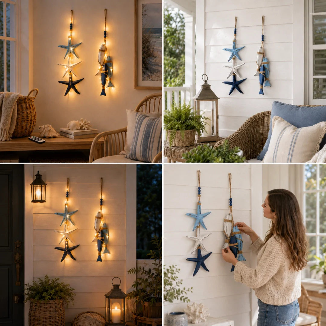 Lighted Coastal Wooden Hanging Decor - Starfish & Fish Wall Ornament