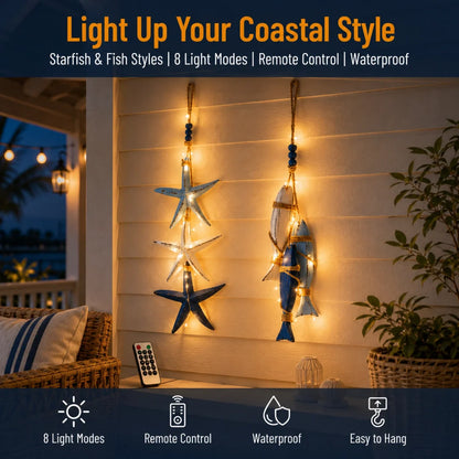 Lighted Coastal Wooden Hanging Decor - Starfish & Fish Wall Ornament