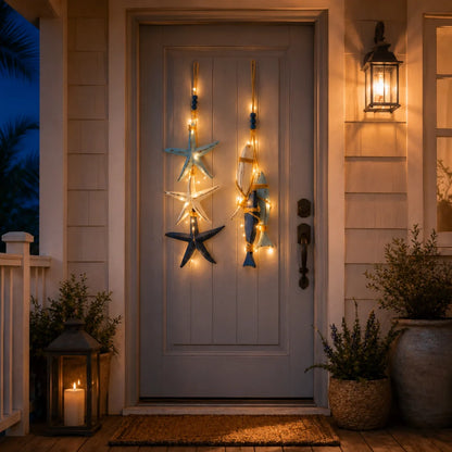 Lighted Coastal Wooden Hanging Decor - Starfish & Fish Wall Ornament