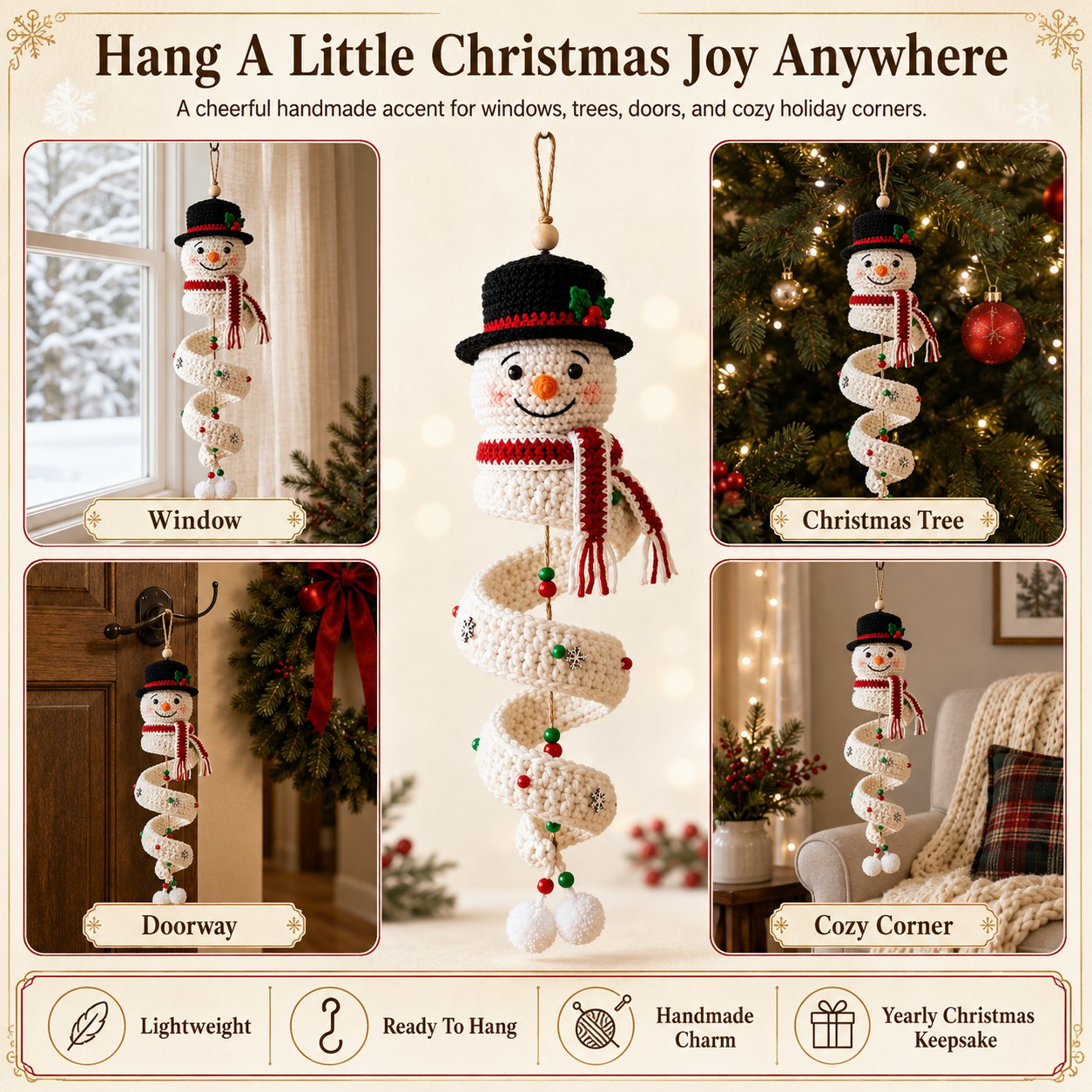 🔥HOT SALE 49% OFF☃️Crochet Snowman Spiral Ornament DIY Kit | Complete Beginner-Friendly Set with Soft Yarn, Crochet Hook, Festive Beads, Snowflakes & Step-by-Step Guide 🧶🎄✨