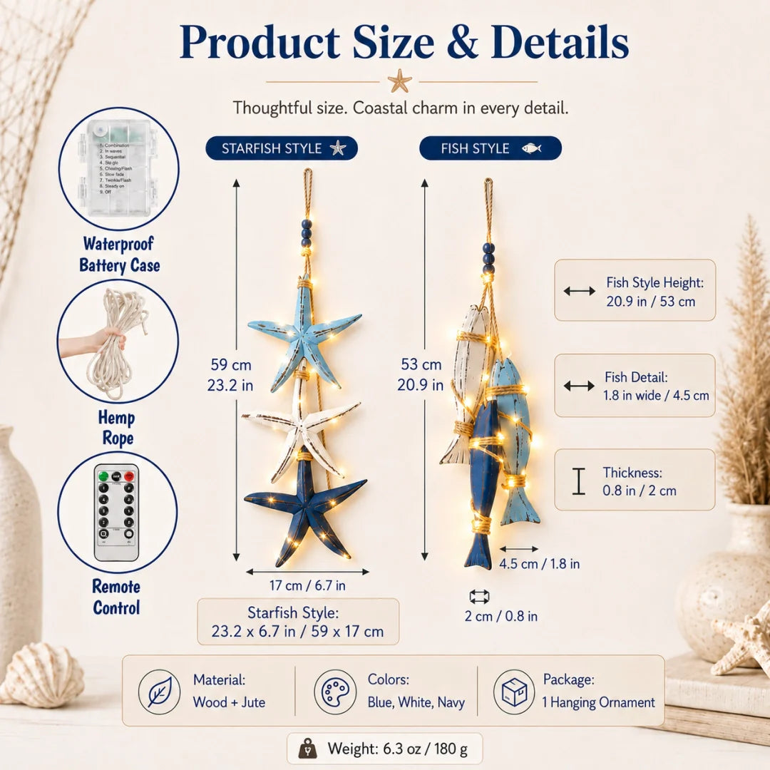 Lighted Coastal Wooden Hanging Decor - Starfish & Fish Wall Ornament