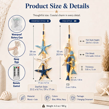 Lighted Coastal Wooden Hanging Decor - Starfish & Fish Wall Ornament