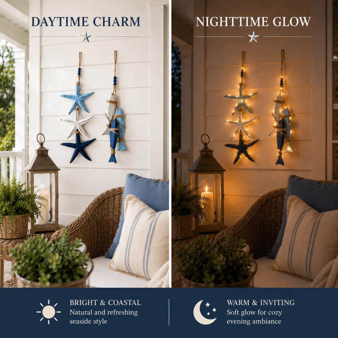 Lighted Coastal Wooden Hanging Decor - Starfish & Fish Wall Ornament