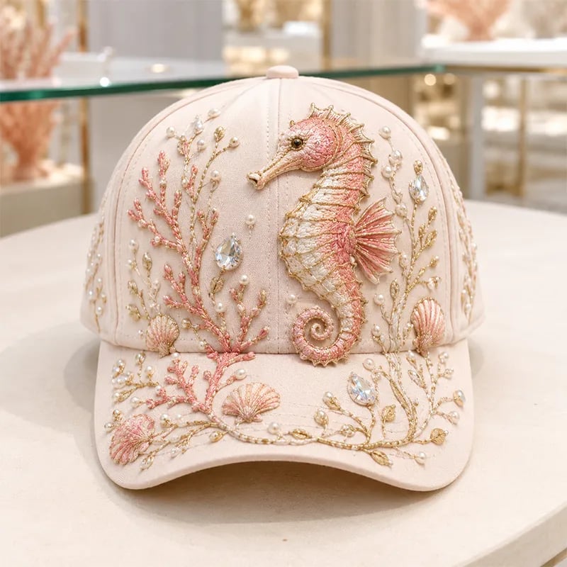 🌊 3D Ocean Creatures Printing Cap | Pearl & Crystal Adjustable Hat for Beach, Travel & Everyday Wear