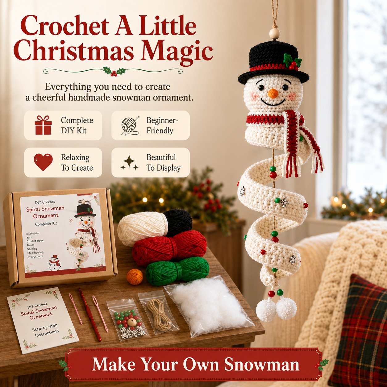 🔥HOT SALE 49% OFF☃️Crochet Snowman Spiral Ornament DIY Kit | Complete Beginner-Friendly Set with Soft Yarn, Crochet Hook, Festive Beads, Snowflakes & Step-by-Step Guide 🧶🎄✨
