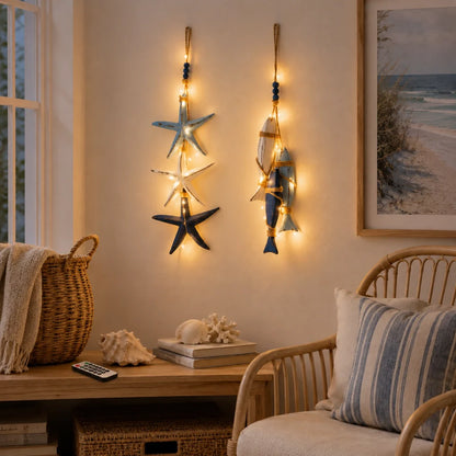 Lighted Coastal Wooden Hanging Decor - Starfish & Fish Wall Ornament