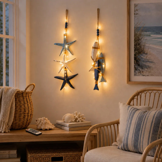 Lighted Coastal Wooden Hanging Decor - Starfish & Fish Wall Ornament