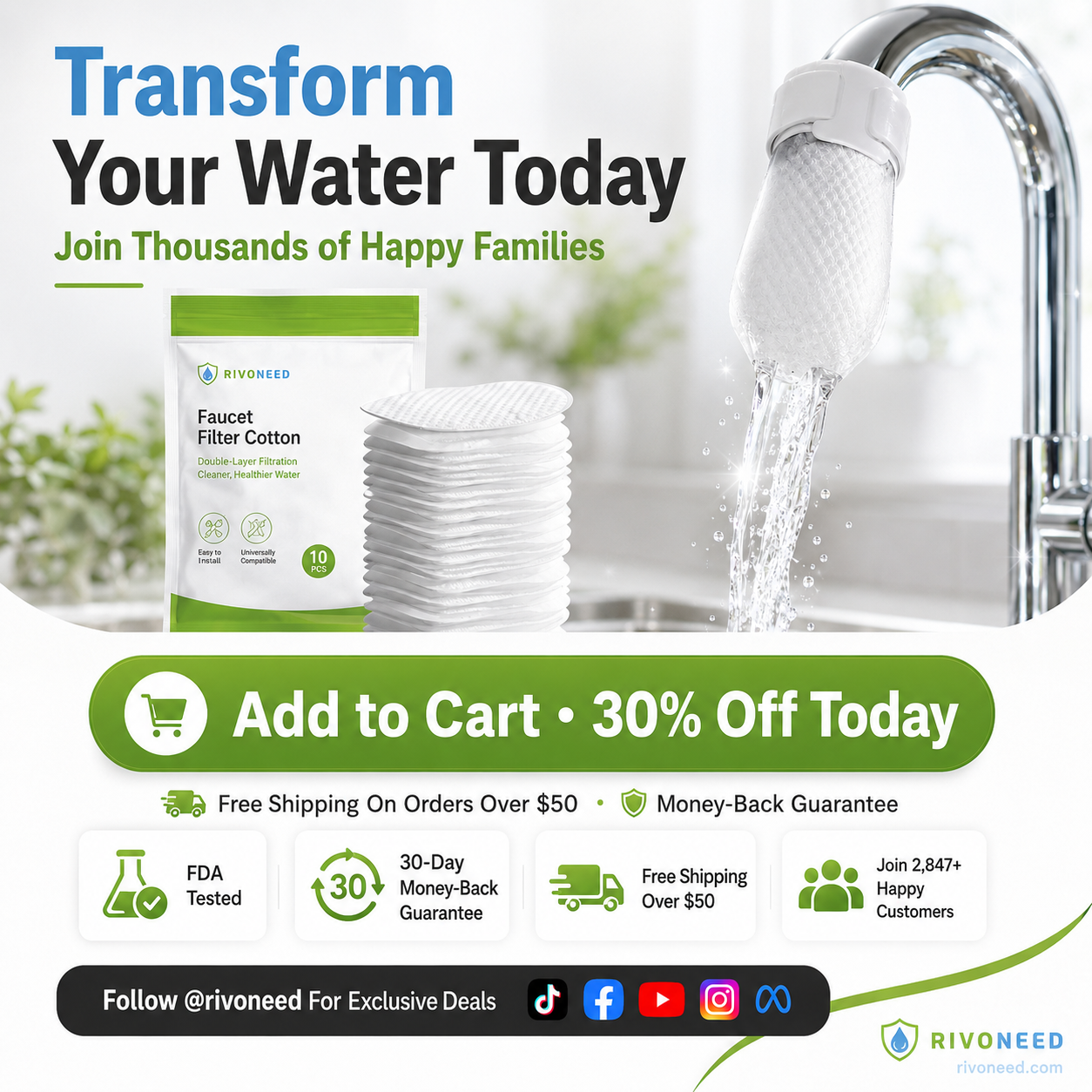 ⏰60%OFF⚡50K+ SOLD!💥Anti-Splash Kitchen Faucet Cotton Filter for Sediment & Rust Removal