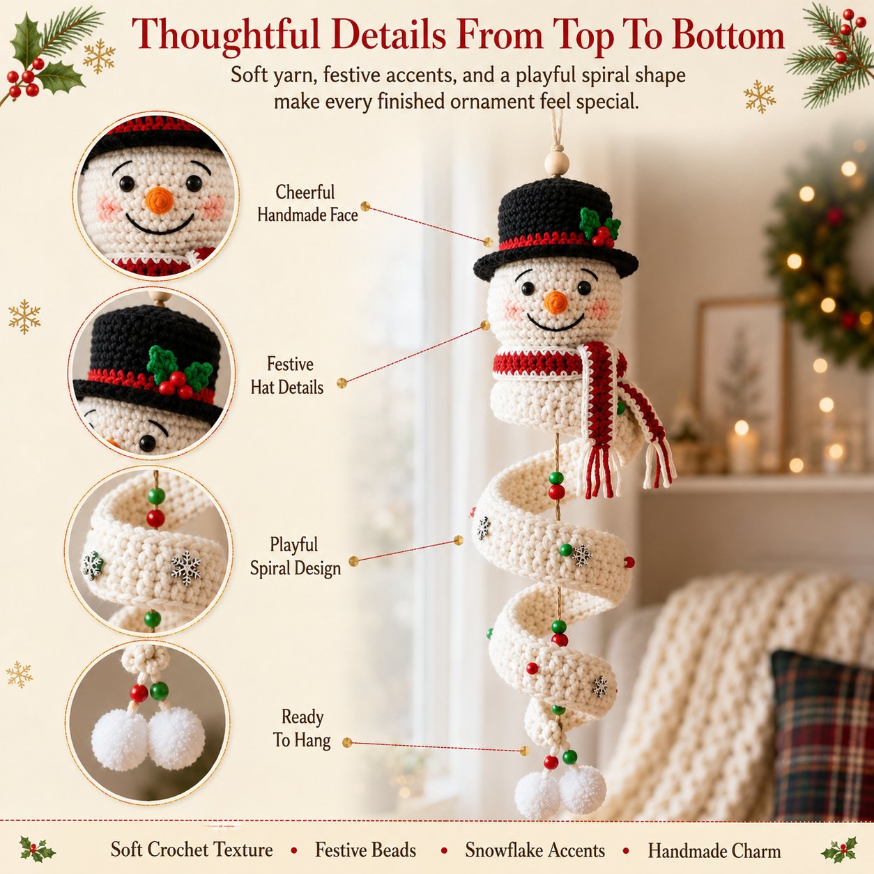 🔥HOT SALE 49% OFF☃️Crochet Snowman Spiral Ornament DIY Kit | Complete Beginner-Friendly Set with Soft Yarn, Crochet Hook, Festive Beads, Snowflakes & Step-by-Step Guide 🧶🎄✨