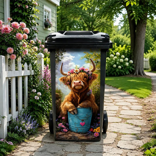 🐮 Highland Cattle Floral Print Bin Sticker