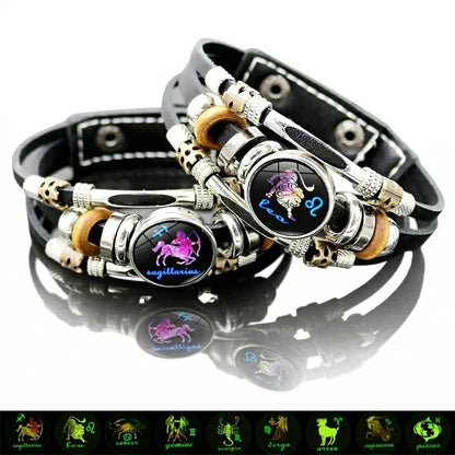 Glow-in-the-Dark 12 Leather Zodiac Bracelet for Men and Women
