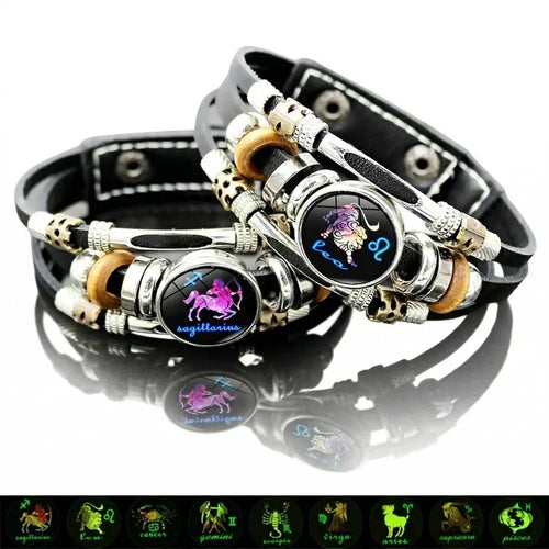 Glow-in-the-Dark 12 Leather Zodiac Bracelet for Men and Women