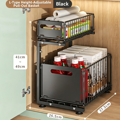 🎉 2026 Sale — Over 31,000 Sold! 🗄️ Carbon Steel Double-Tier Pull Out Cabinet Organizer – Independent Slides, 5 Height Levels – Heavy Items, Easy Access! ✨