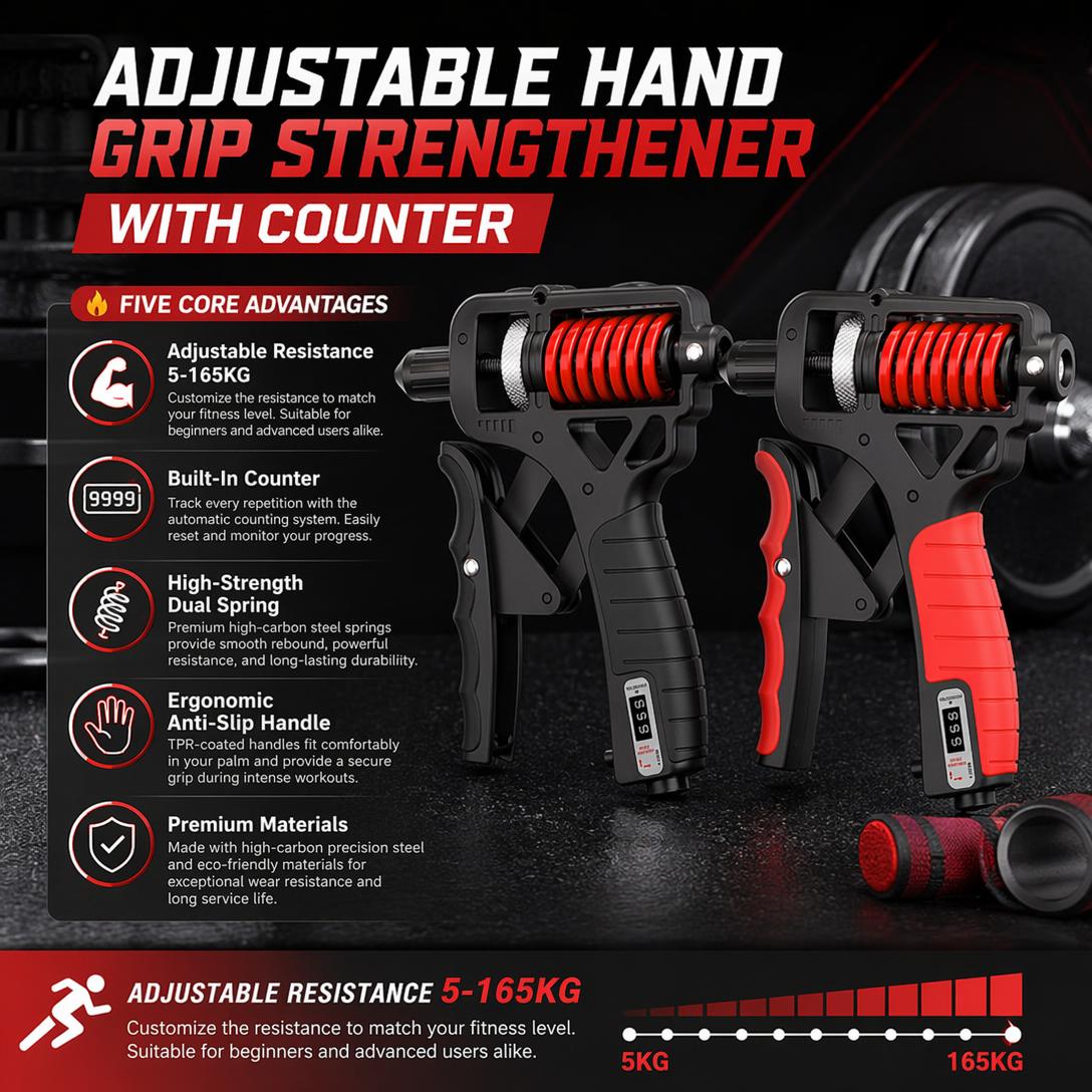 Adjustable Grip Strengthener with Digital Counter-5-165KG Heavy Resistance Hand & Forearm Trainer