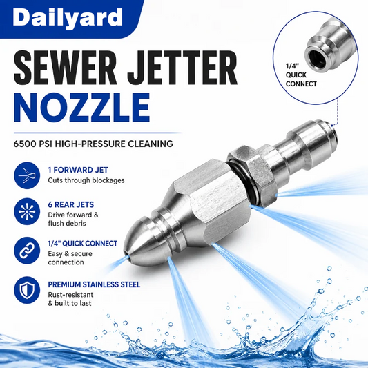 6500 PSI Stainless Steel Sewer Jetter Nozzle – 1/4" Quick Connect Drain Cleaning Attachment for Pressure Washers