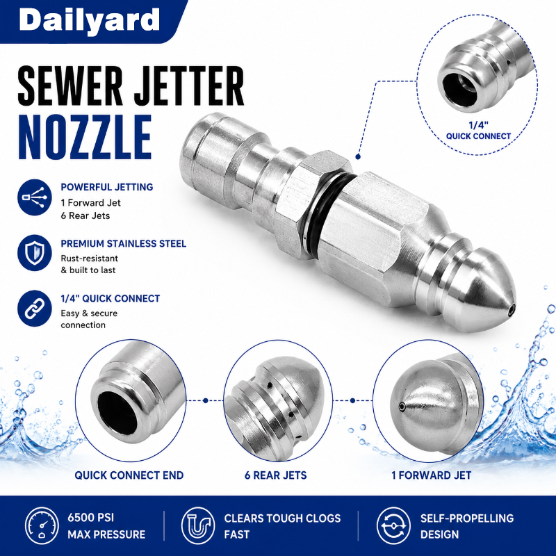 6500 PSI Stainless Steel Sewer Jetter Nozzle – 1/4" Quick Connect Drain Cleaning Attachment for Pressure Washers
