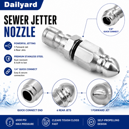 6500 PSI Stainless Steel Sewer Jetter Nozzle – 1/4" Quick Connect Drain Cleaning Attachment for Pressure Washers