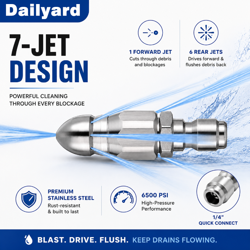 6500 PSI Stainless Steel Sewer Jetter Nozzle – 1/4" Quick Connect Drain Cleaning Attachment for Pressure Washers