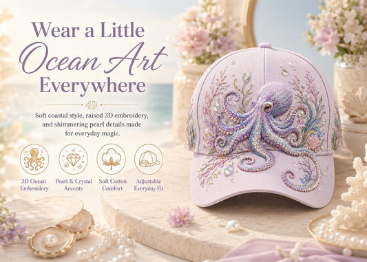 🌊 3D Ocean Creatures Printing Cap | Pearl & Crystal Adjustable Hat for Beach, Travel & Everyday Wear