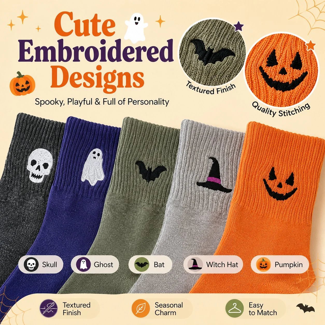🔥🔥🔥Split price down to £2.17 each🎃Halloween Embroidered Crew Socks🧦