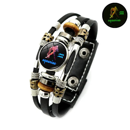 Glow-in-the-Dark 12 Leather Zodiac Bracelet for Men and Women