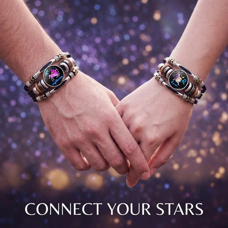 Glow-in-the-Dark 12 Leather Zodiac Bracelet for Men and Women