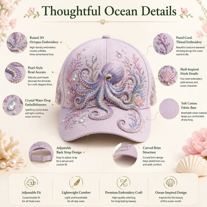 🌊 3D Ocean Creatures Printing Cap | Pearl & Crystal Adjustable Hat for Beach, Travel & Everyday Wear