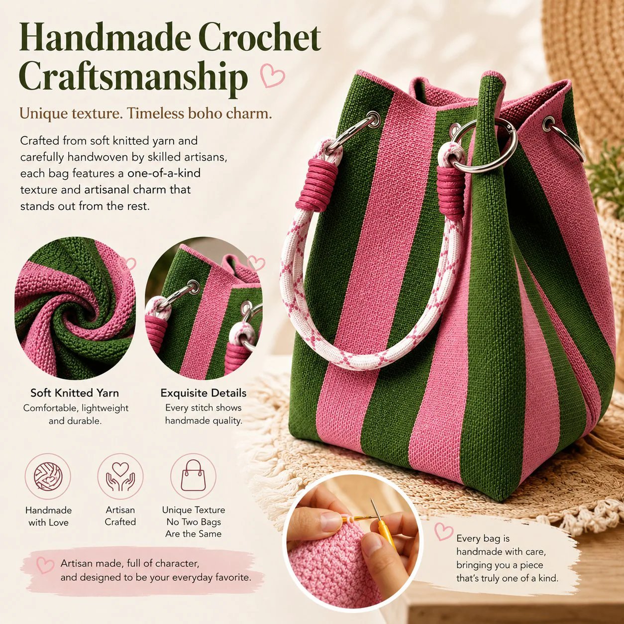 🏆👜 Limited-Time Sale: 50% OFF 🌴 Boho Striped Knit Bucket Handbag for Women – Handmade Summer Beach Shoulder Bag2