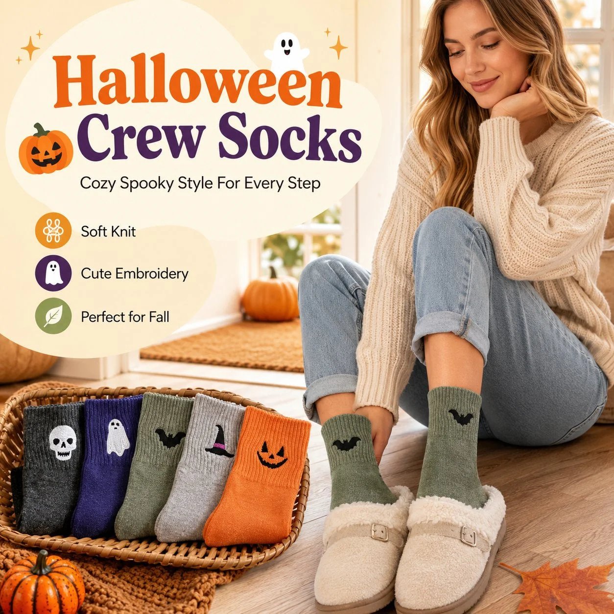 🔥🔥🔥Split price down to £2.17 each🎃Halloween Embroidered Crew Socks🧦