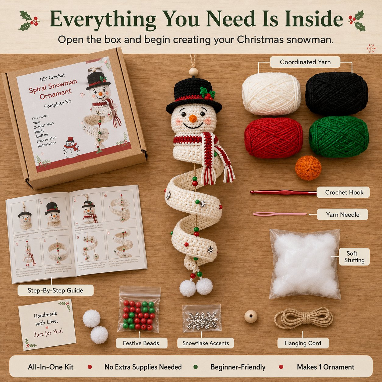 🔥HOT SALE 49% OFF☃️Crochet Snowman Spiral Ornament DIY Kit | Complete Beginner-Friendly Set with Soft Yarn, Crochet Hook, Festive Beads, Snowflakes & Step-by-Step Guide 🧶🎄✨