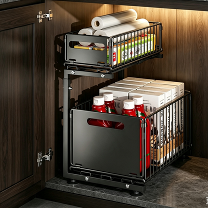 🎉 2026 Sale — Over 31,000 Sold! 🗄️ Carbon Steel Double-Tier Pull Out Cabinet Organizer – Independent Slides, 5 Height Levels – Heavy Items, Easy Access! ✨