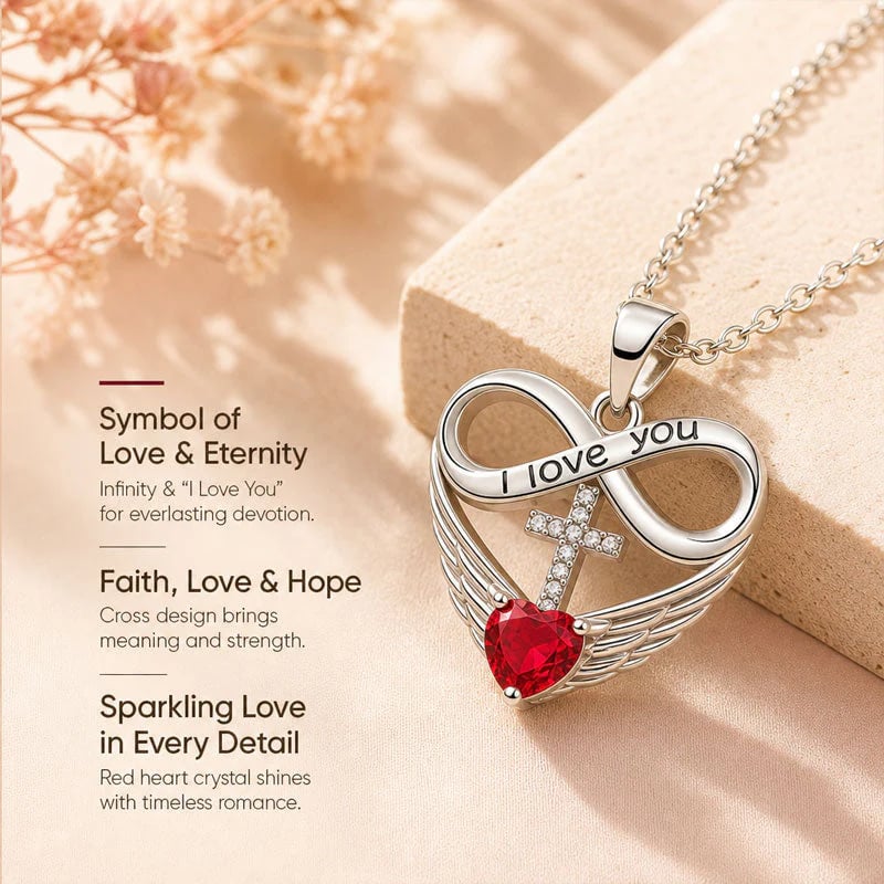 I Love You Forever Heart Angel Wing Cross Necklace
