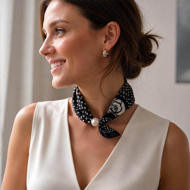 🧣 Pearl Magnetic Closure Scarf Necklace: Elegant 2-in-1 Printed Scarf! ✨