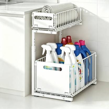 🎉 2026 Sale — Over 31,000 Sold! 🗄️ Carbon Steel Double-Tier Pull Out Cabinet Organizer – Independent Slides, 5 Height Levels – Heavy Items, Easy Access! ✨