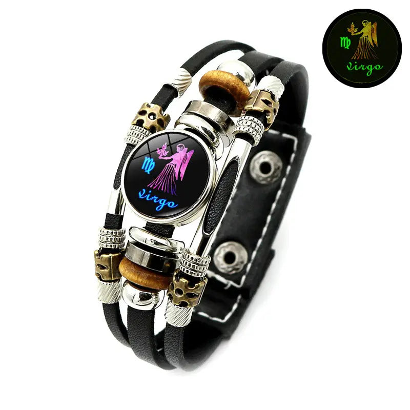 Glow-in-the-Dark 12 Leather Zodiac Bracelet for Men and Women