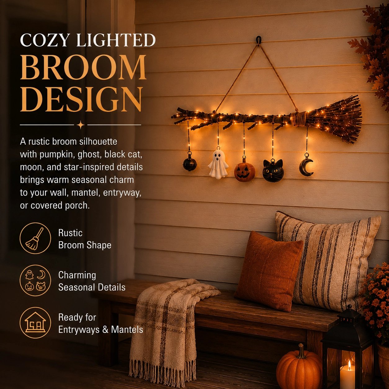 🔥 Limited-Time 49% OFF + Free Shipping 🍂 Lighted Fall Broom Wall Hanging – Cozy Halloween & Autumn Decor