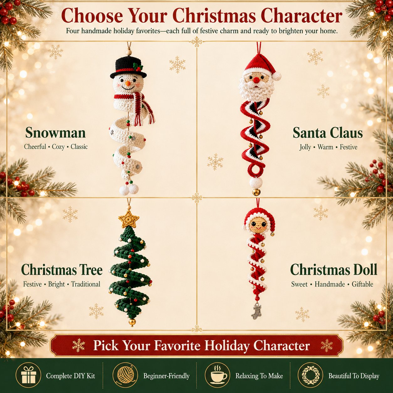 🔥HOT SALE 49% OFF☃️Crochet Snowman Spiral Ornament DIY Kit | Complete Beginner-Friendly Set with Soft Yarn, Crochet Hook, Festive Beads, Snowflakes & Step-by-Step Guide 🧶🎄✨