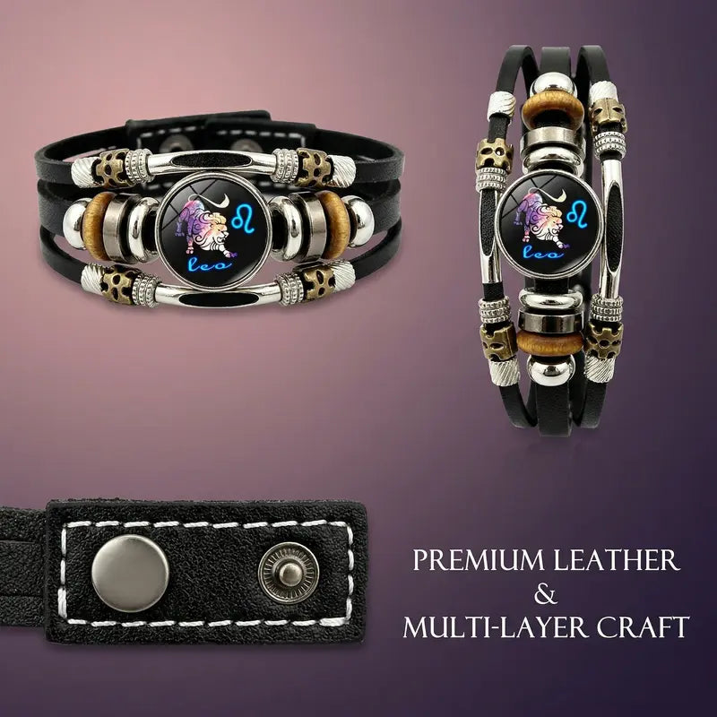 Glow-in-the-Dark 12 Leather Zodiac Bracelet for Men and Women