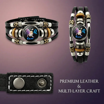 Glow-in-the-Dark 12 Leather Zodiac Bracelet for Men and Women