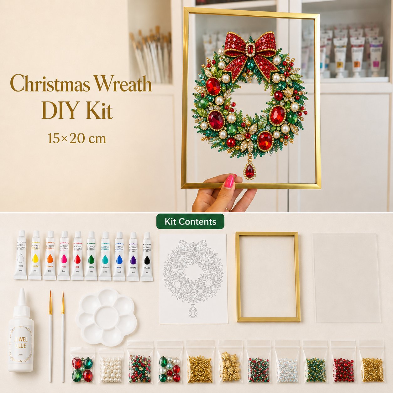 🔥 LAST DAY 49% OFF – 🎄 DIY Jeweled Christmas Tree Art Kit | Colorful Gems, Pearls, Paints & Gold-Tone Floating Display Frame 💎✨