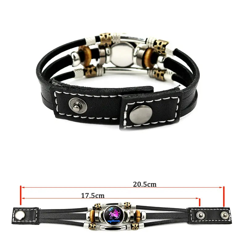 Glow-in-the-Dark 12 Leather Zodiac Bracelet for Men and Women