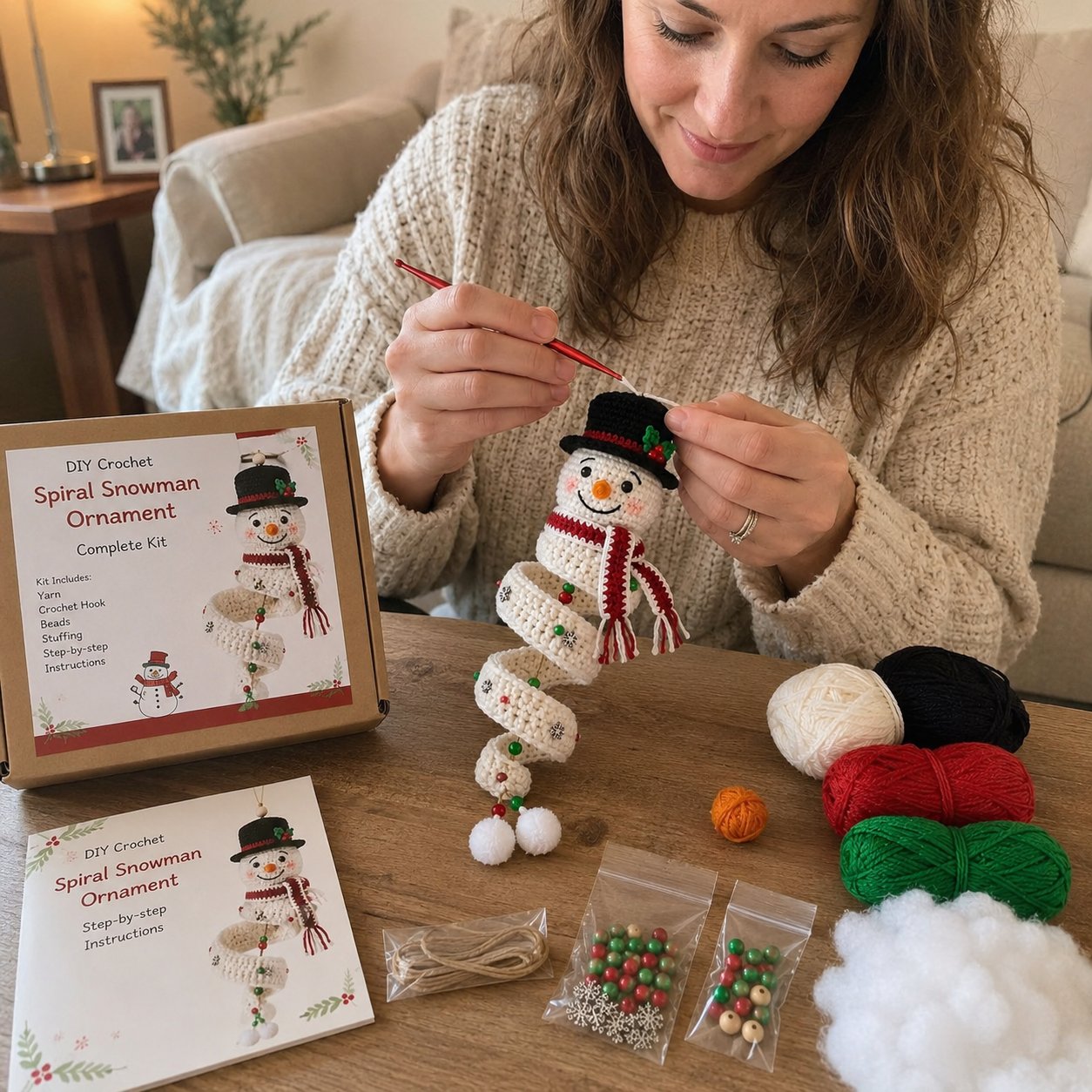 🔥HOT SALE 49% OFF☃️Crochet Snowman Spiral Ornament DIY Kit | Complete Beginner-Friendly Set with Soft Yarn, Crochet Hook, Festive Beads, Snowflakes & Step-by-Step Guide 🧶🎄✨
