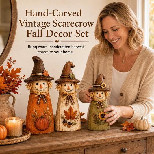 Hand-Carved Vintage Scarecrow Fall Decor Set