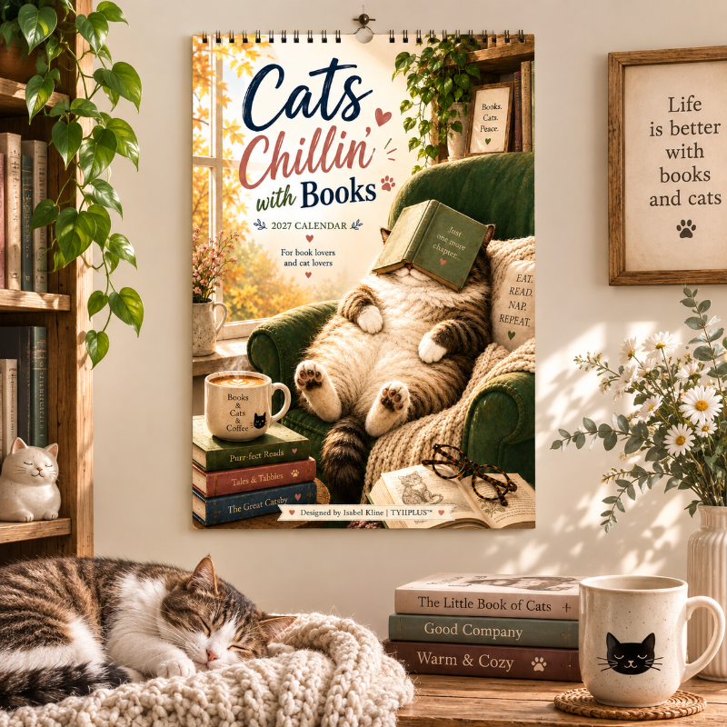 Cats Chillin' with Books™ 2027 Wall Calendar | A4 Cozy Cat & Book Lover Calendar