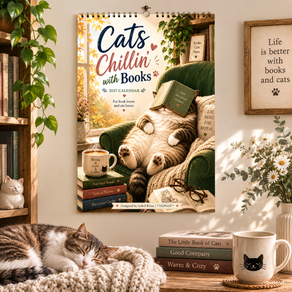 Cats Chillin' with Books™ 2027 Wall Calendar | A4 Cozy Cat & Book Lover Calendar