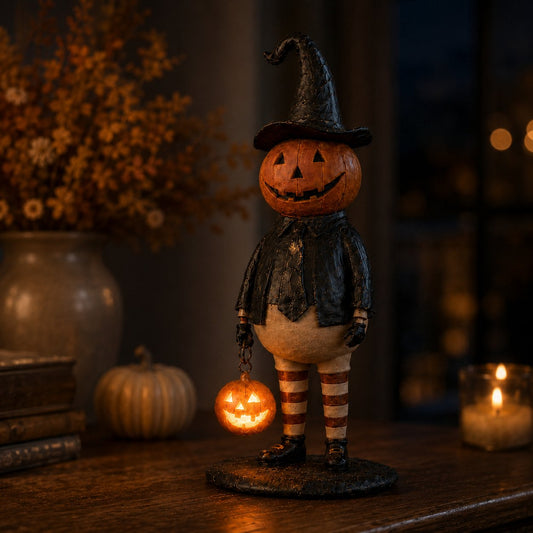 Halloween Pumpkin Head Figurine with Lighted Handheld Pumpkin Lantern