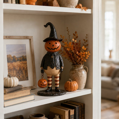 Halloween Pumpkin Head Figurine with Lighted Handheld Pumpkin Lantern